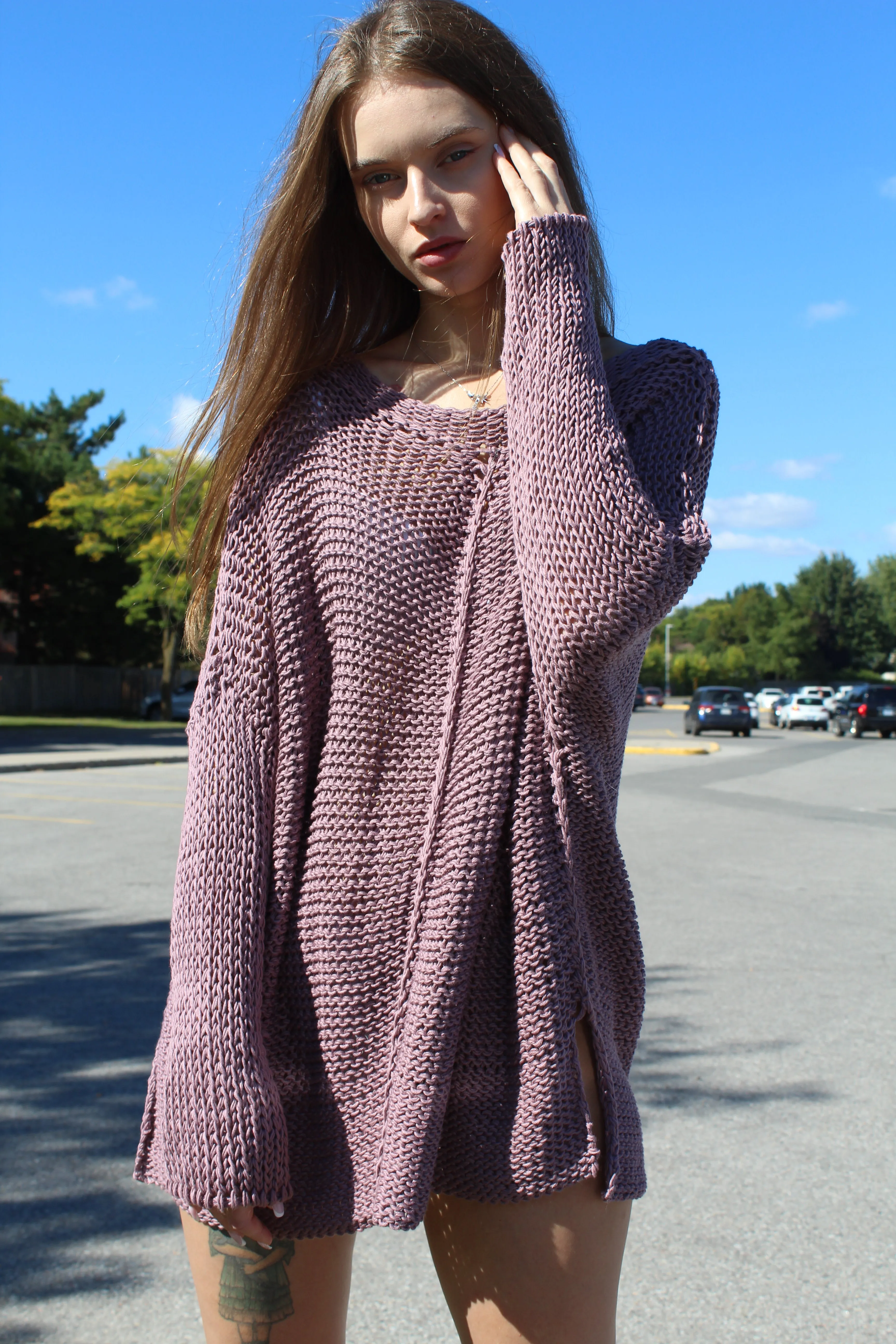 Cotton loose knit sweater dress.