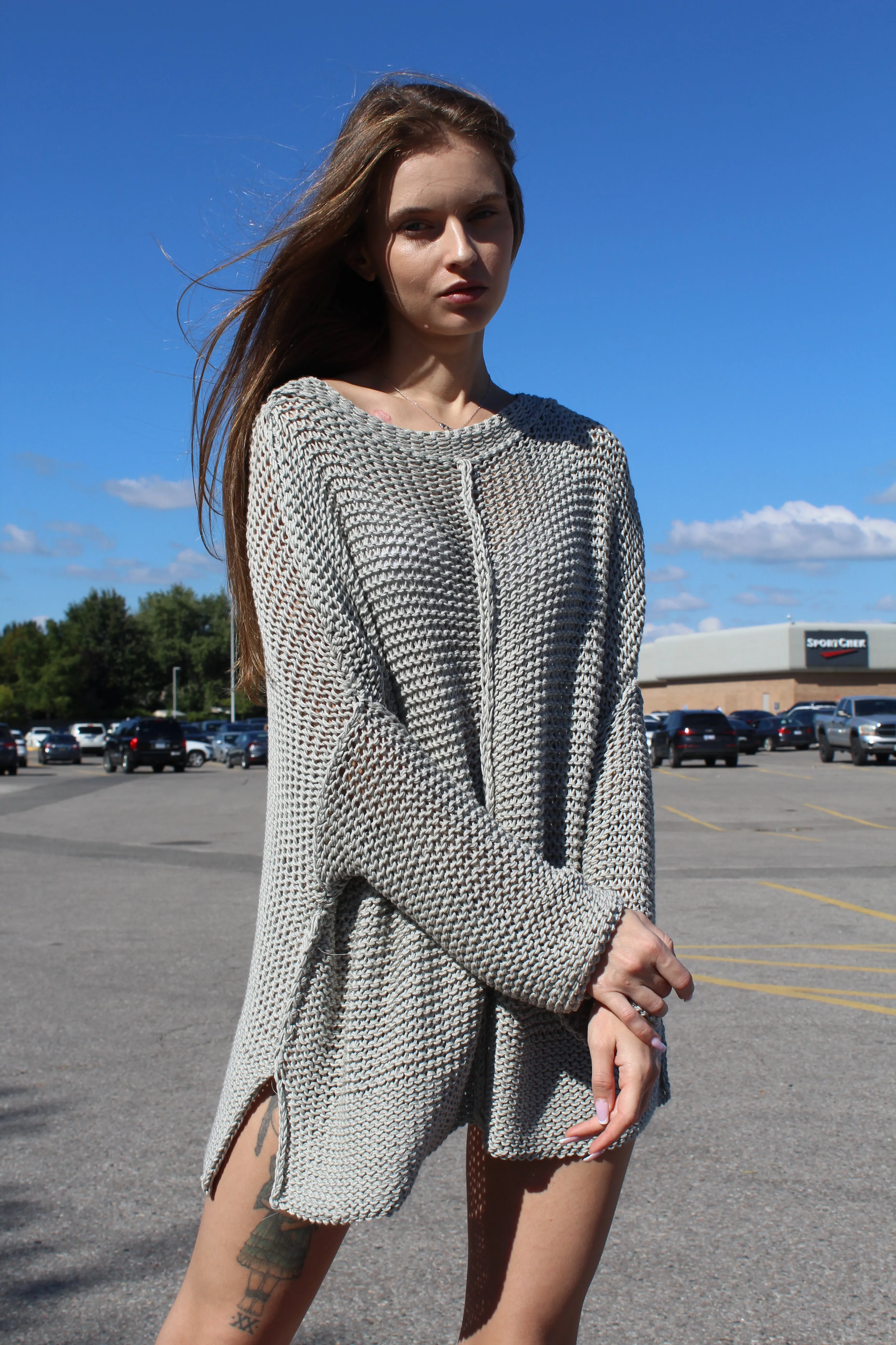 Cotton loose knit sweater dress.