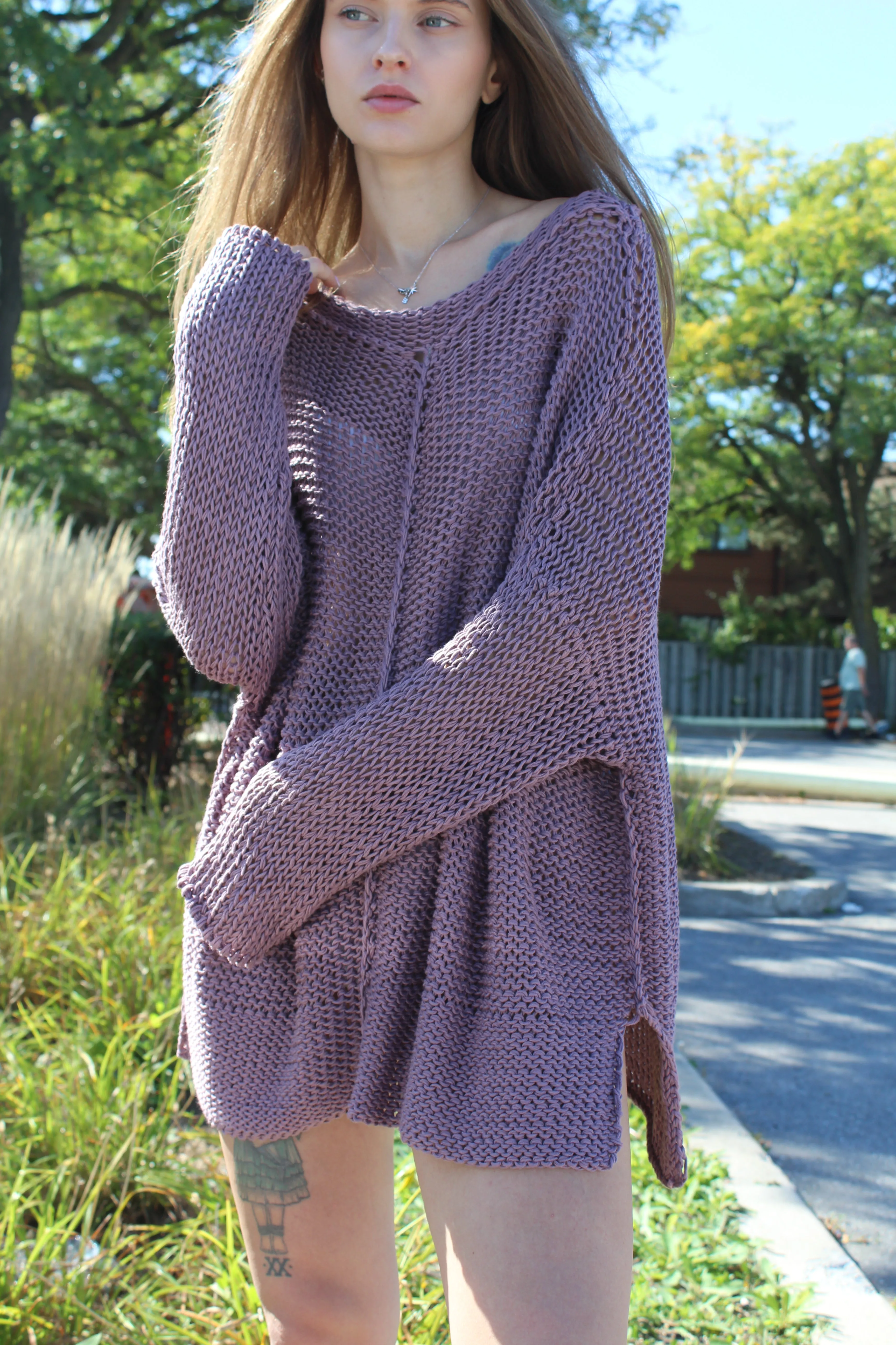 Cotton loose knit sweater dress.