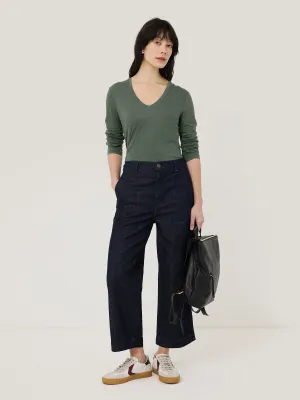 Cotton Slub V Neck Long Sleeve Tee | Green