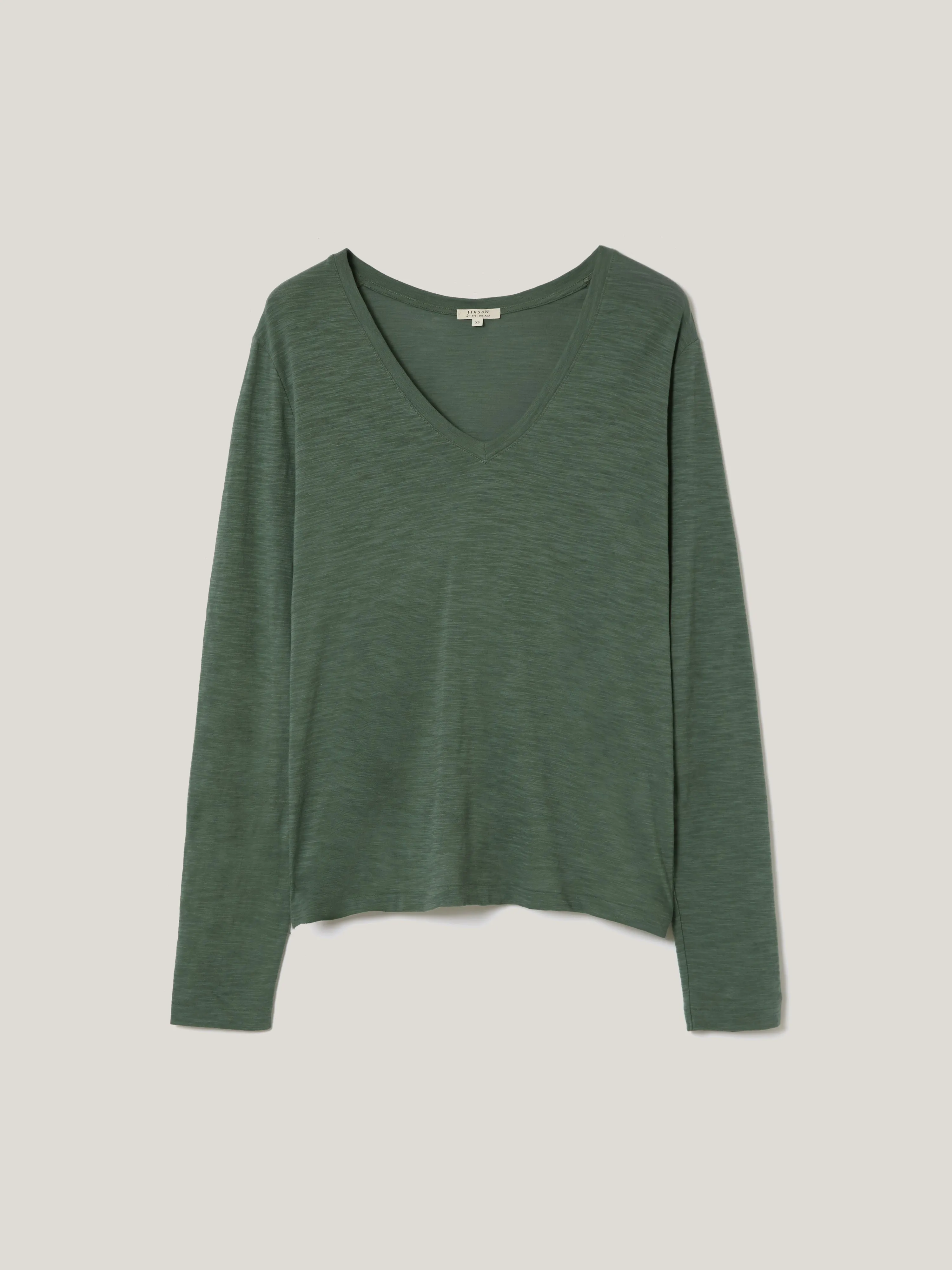 Cotton Slub V Neck Long Sleeve Tee | Green