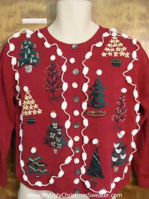 Crazy Red Ugly Christmas Jumper with Trees and Pom Pom Trim