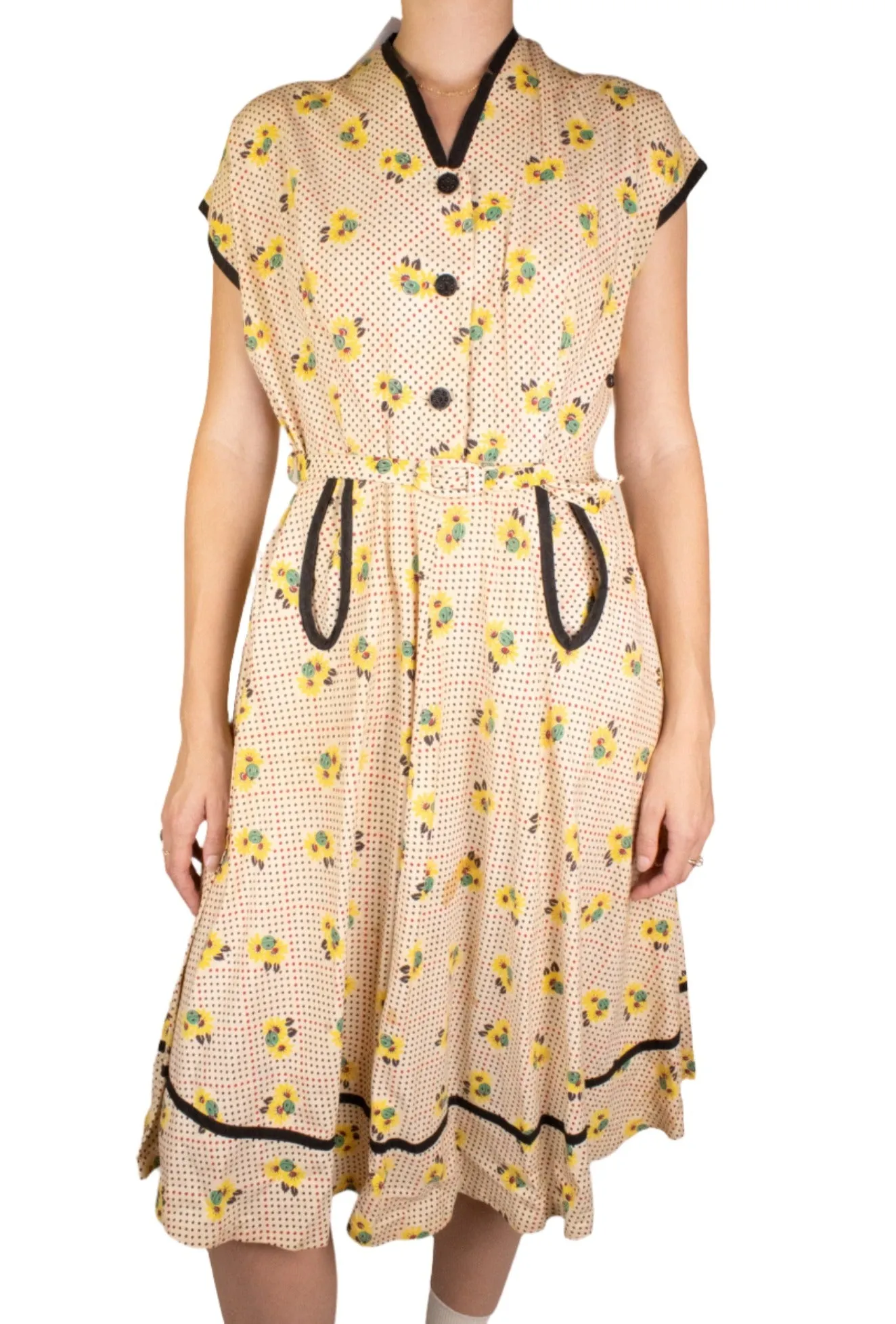 Cream Fit & Flare Dress Novelty Print 1950s