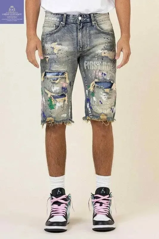 Custom Hand-Painted Logo Denim Bermuda Shorts