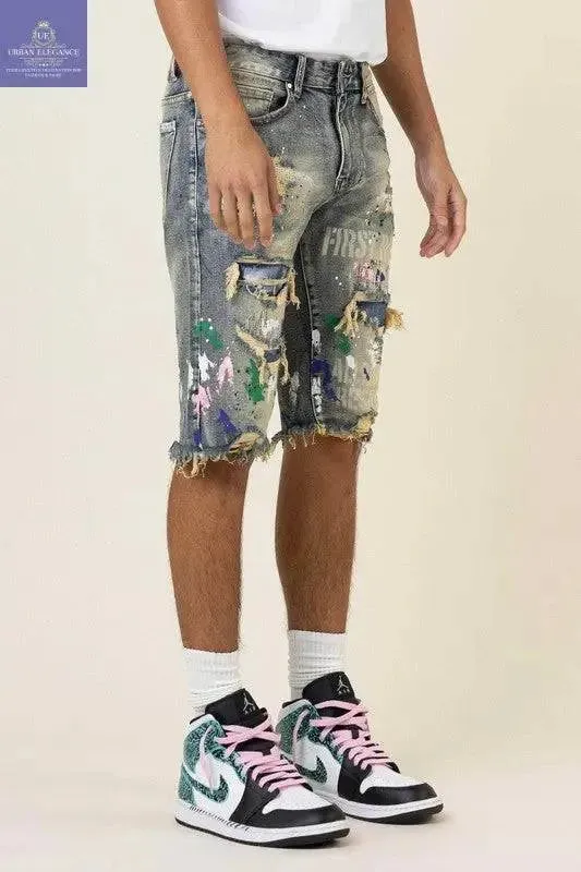 Custom Hand-Painted Logo Denim Bermuda Shorts