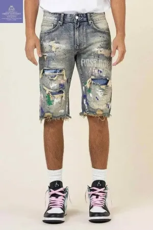 Custom Hand-Painted Logo Denim Bermuda Shorts