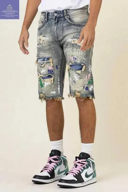 Custom Hand-Painted Logo Denim Bermuda Shorts