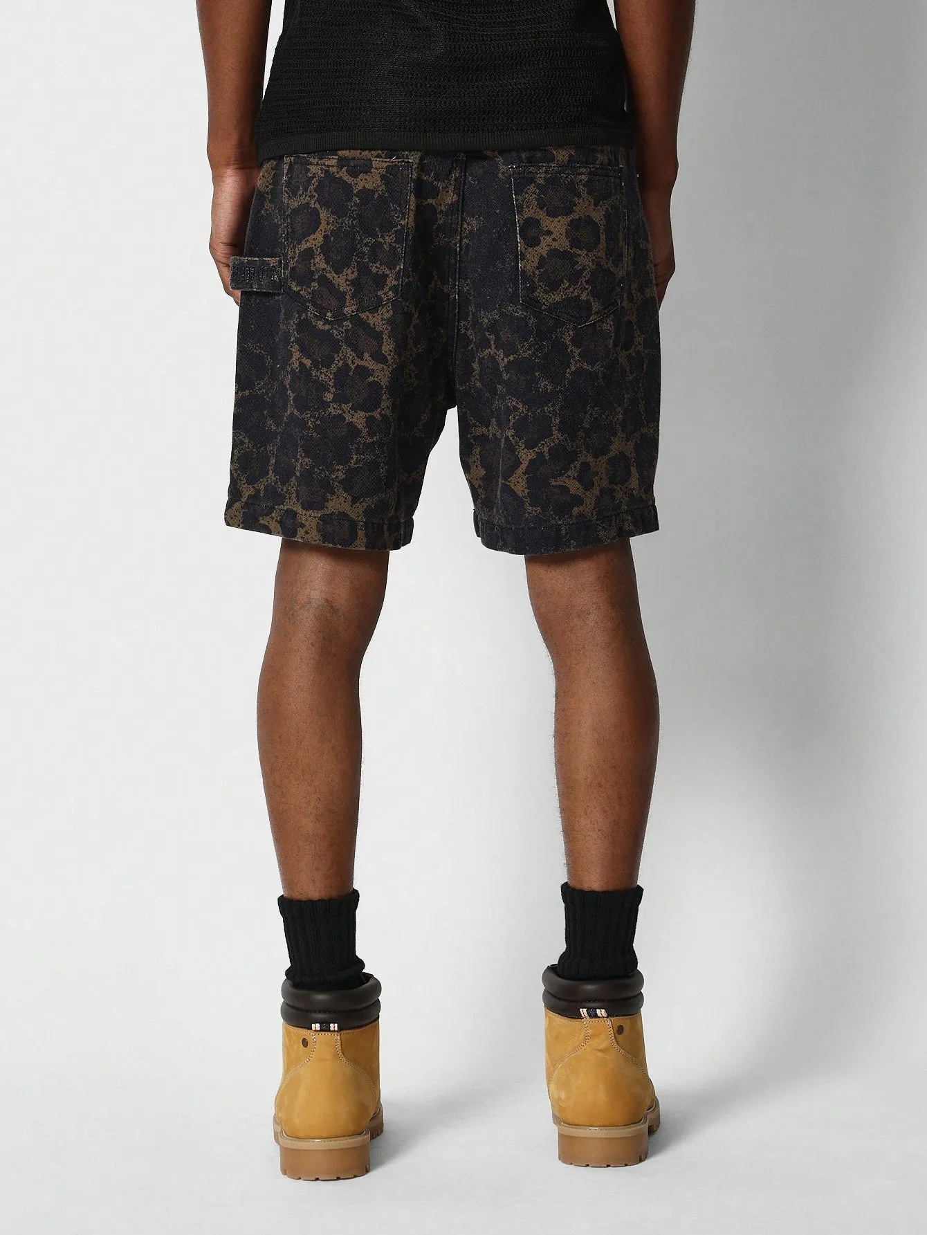 Denim Carpenter Short With Leopard Print