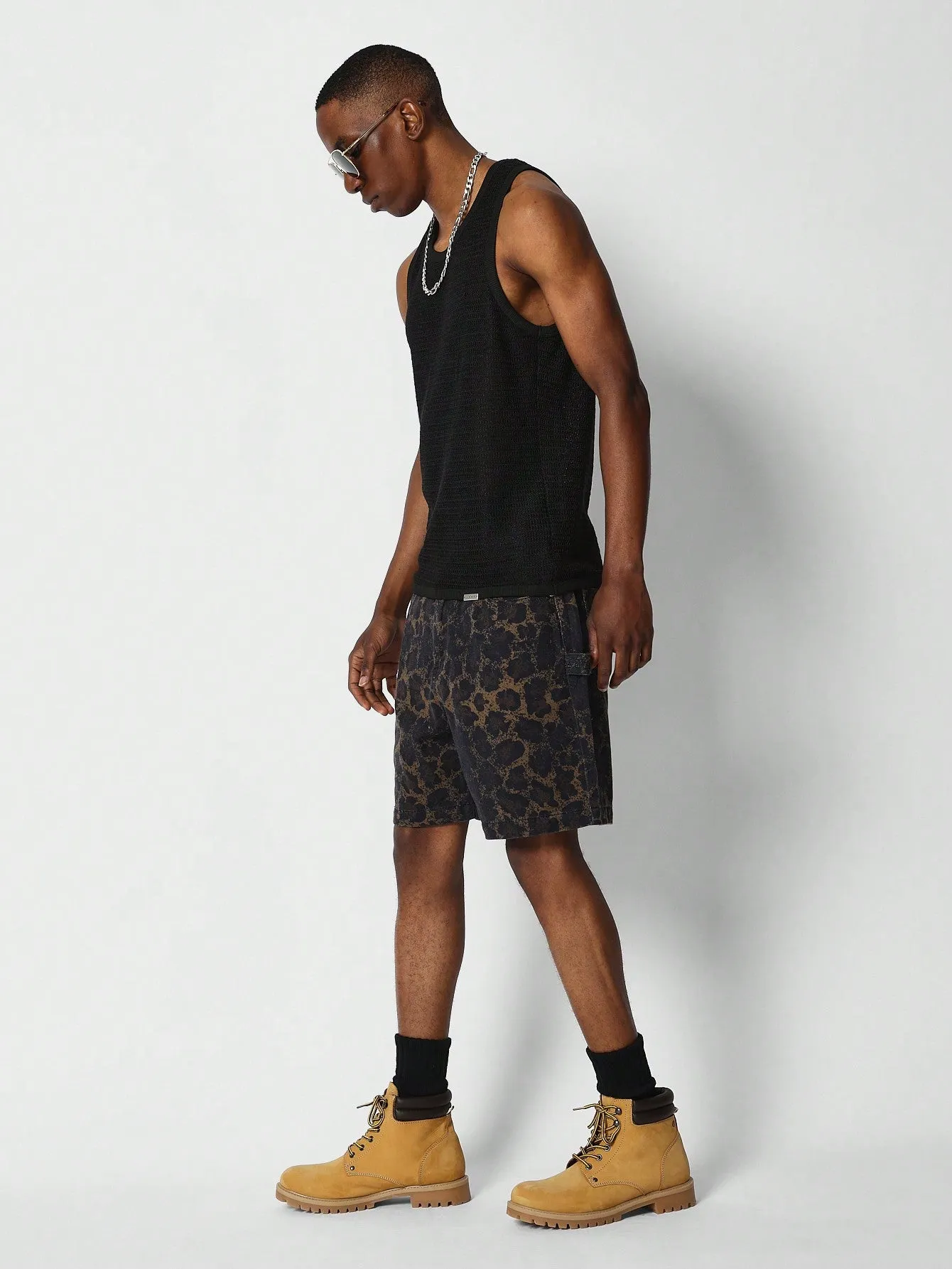 Denim Carpenter Short With Leopard Print