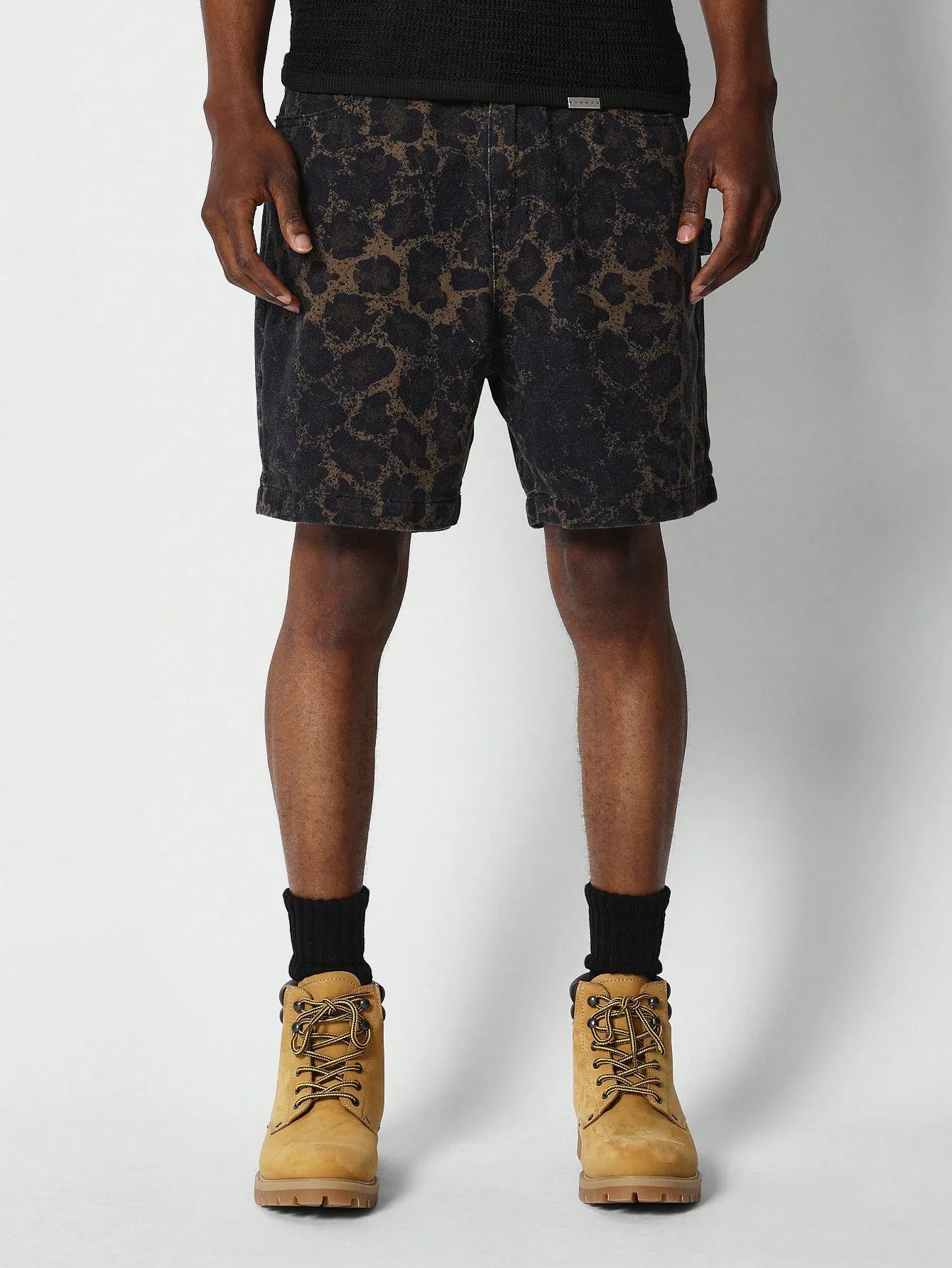 Denim Carpenter Short With Leopard Print