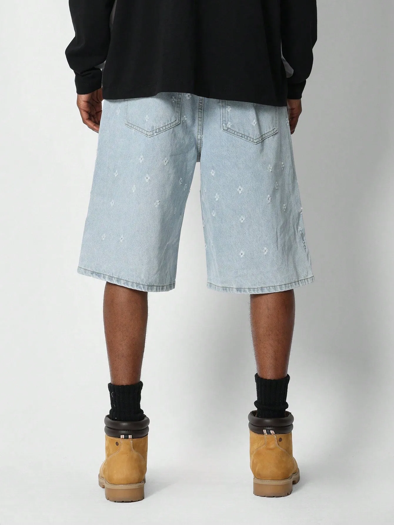 Denim Short With All Over Embroidery Print