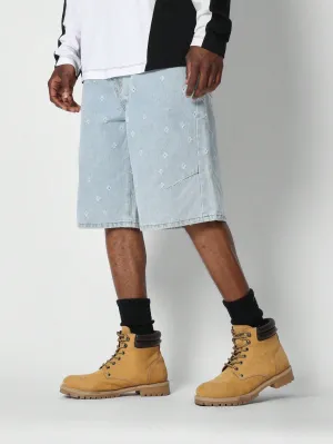 Denim Short With All Over Embroidery Print