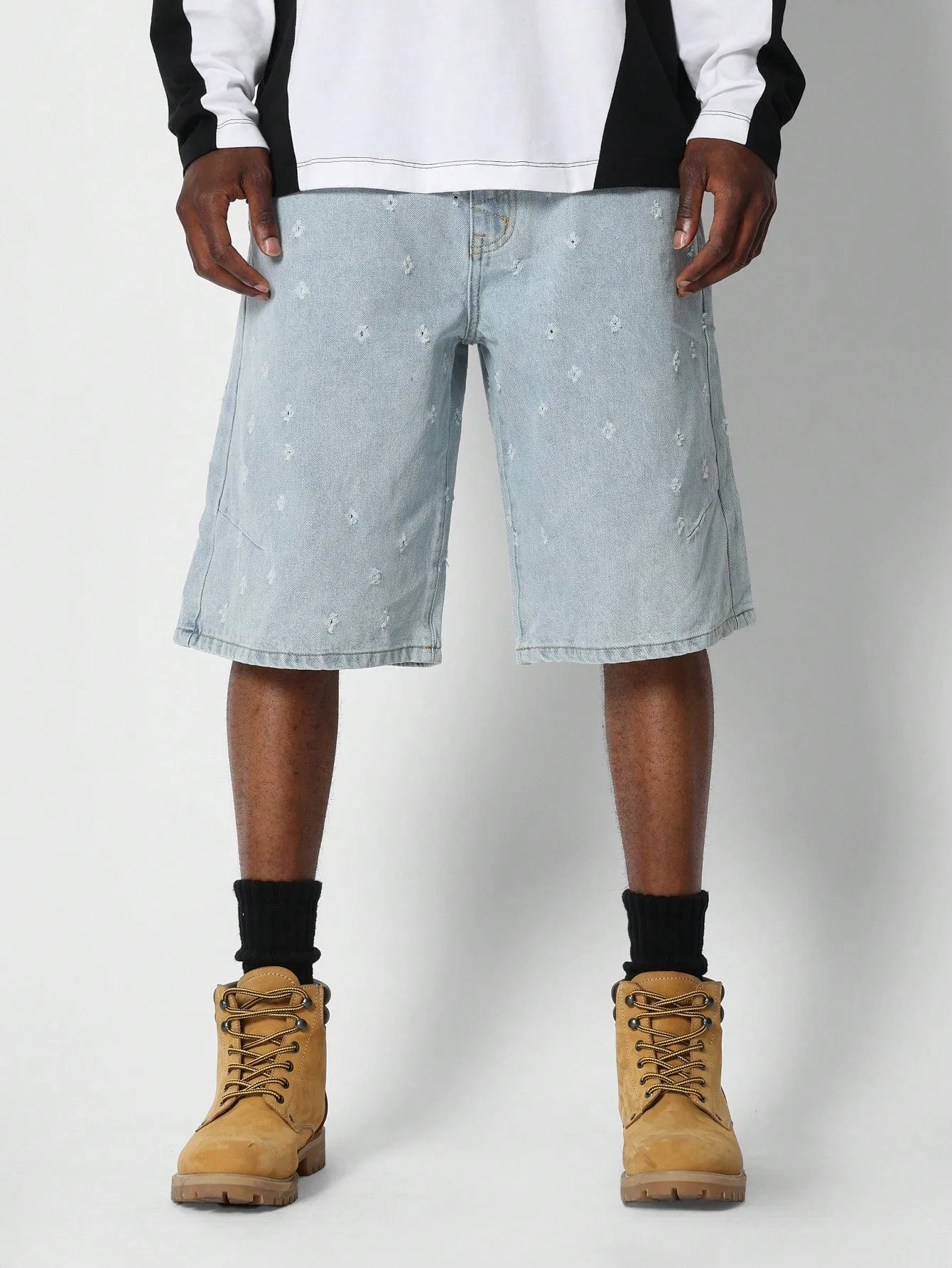 Denim Short With All Over Embroidery Print