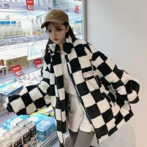 Flytonn-cute winter outfits casual winter outfits christmas outfit party look inspos Loose Padded Checkered Plaid Fur Jacket