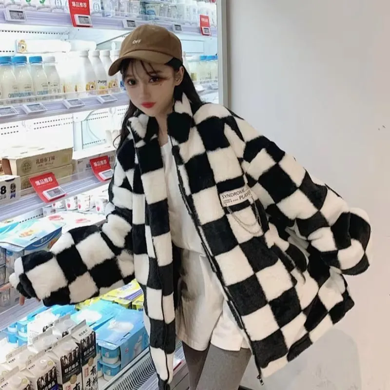 Flytonn-cute winter outfits casual winter outfits christmas outfit party look inspos Loose Padded Checkered Plaid Fur Jacket