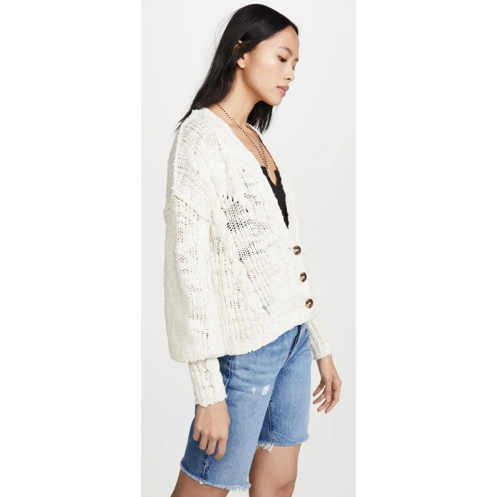 FREE PEOPLE Sandstorm CARDIGAN in IVORY MOON with OCEAN knit Sweater
