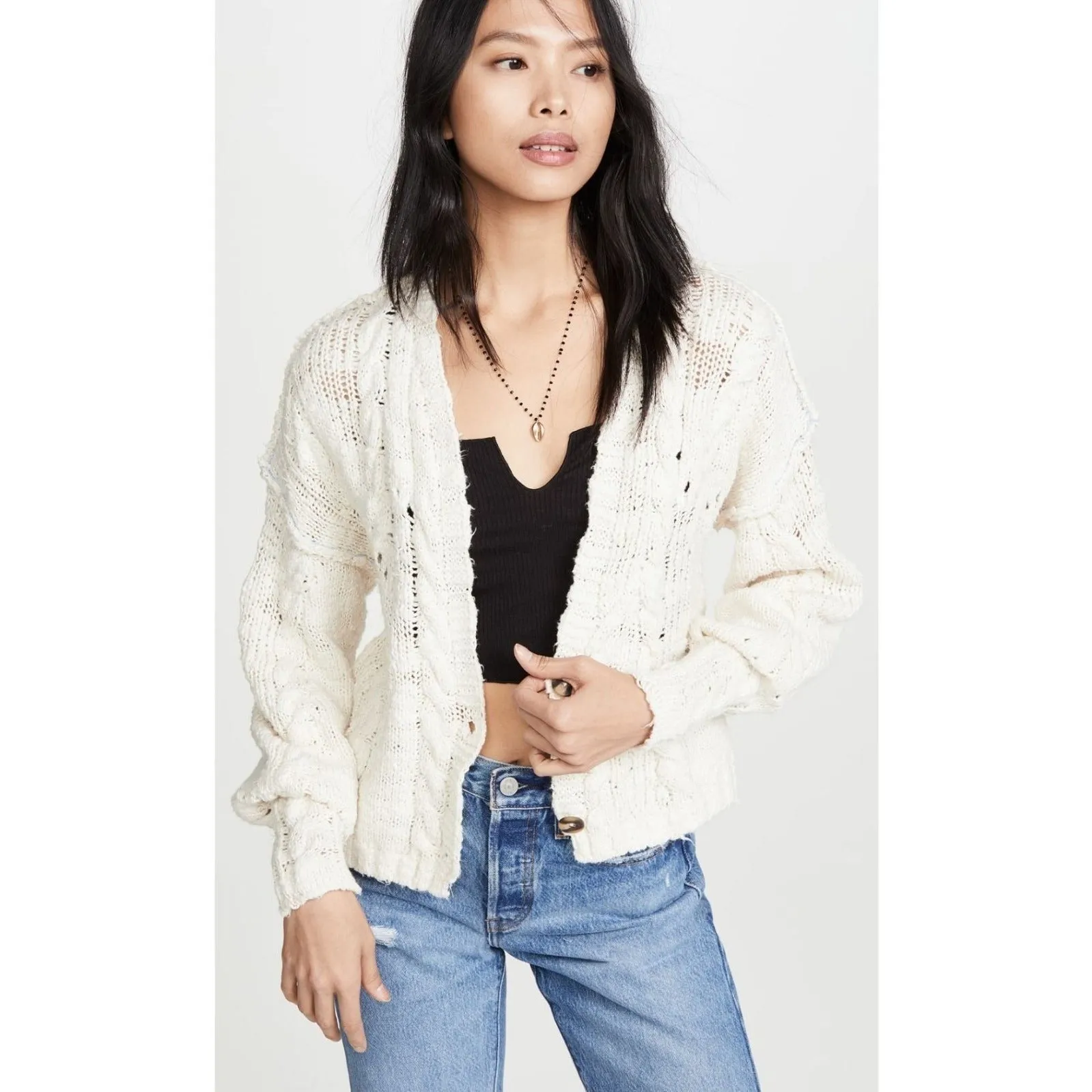 FREE PEOPLE Sandstorm CARDIGAN in IVORY MOON with OCEAN knit Sweater