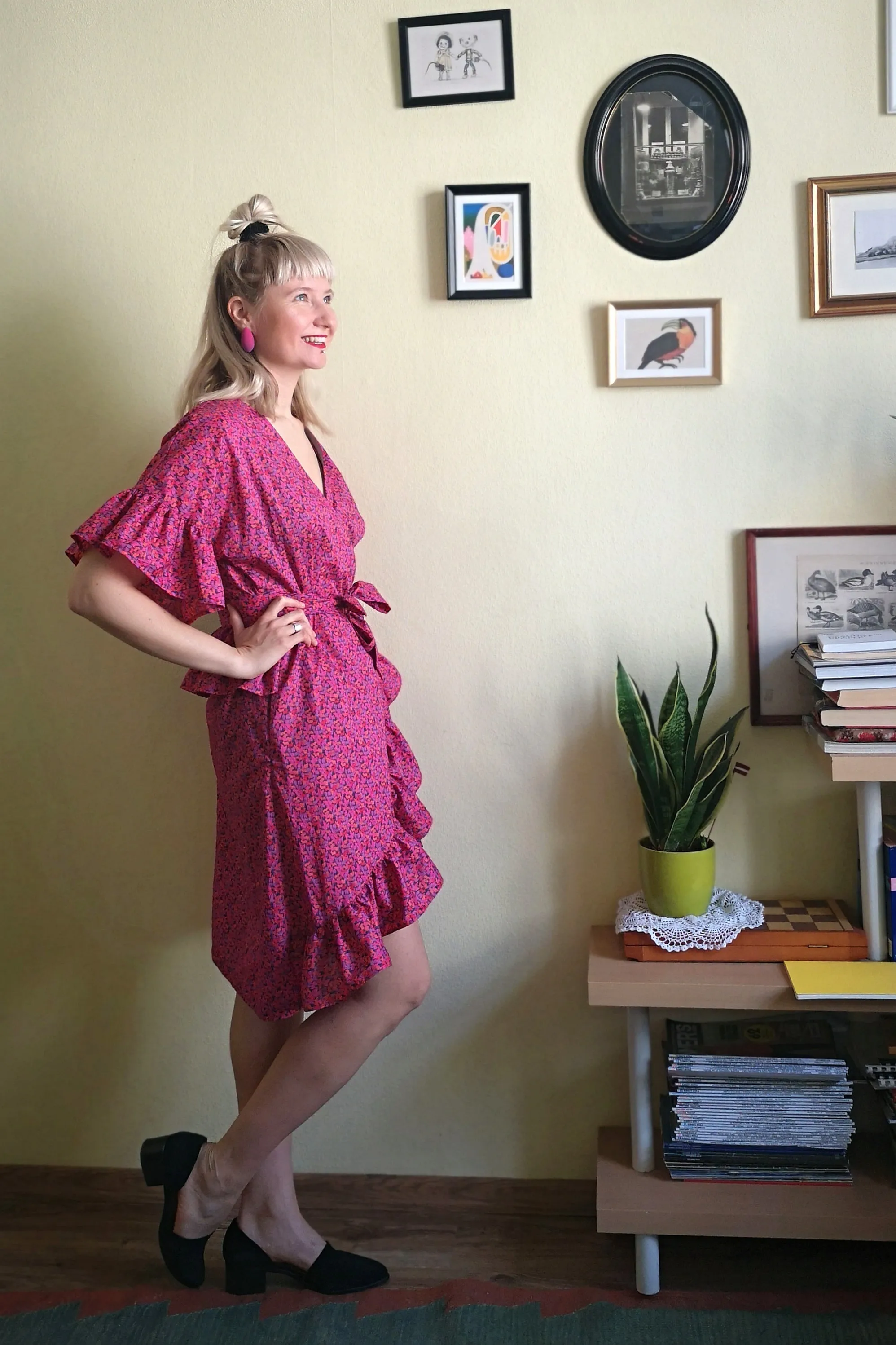 Fun and Feminine Bright Pink Patterned Cotton Wrap Dress with Ruffle and Special Ruffle Belt