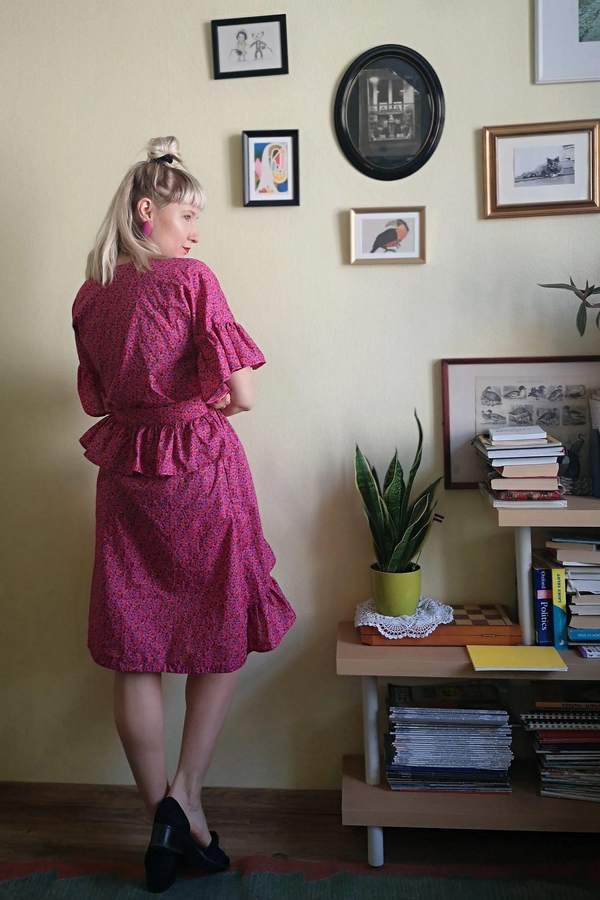 Fun and Feminine Bright Pink Patterned Cotton Wrap Dress with Ruffle and Special Ruffle Belt