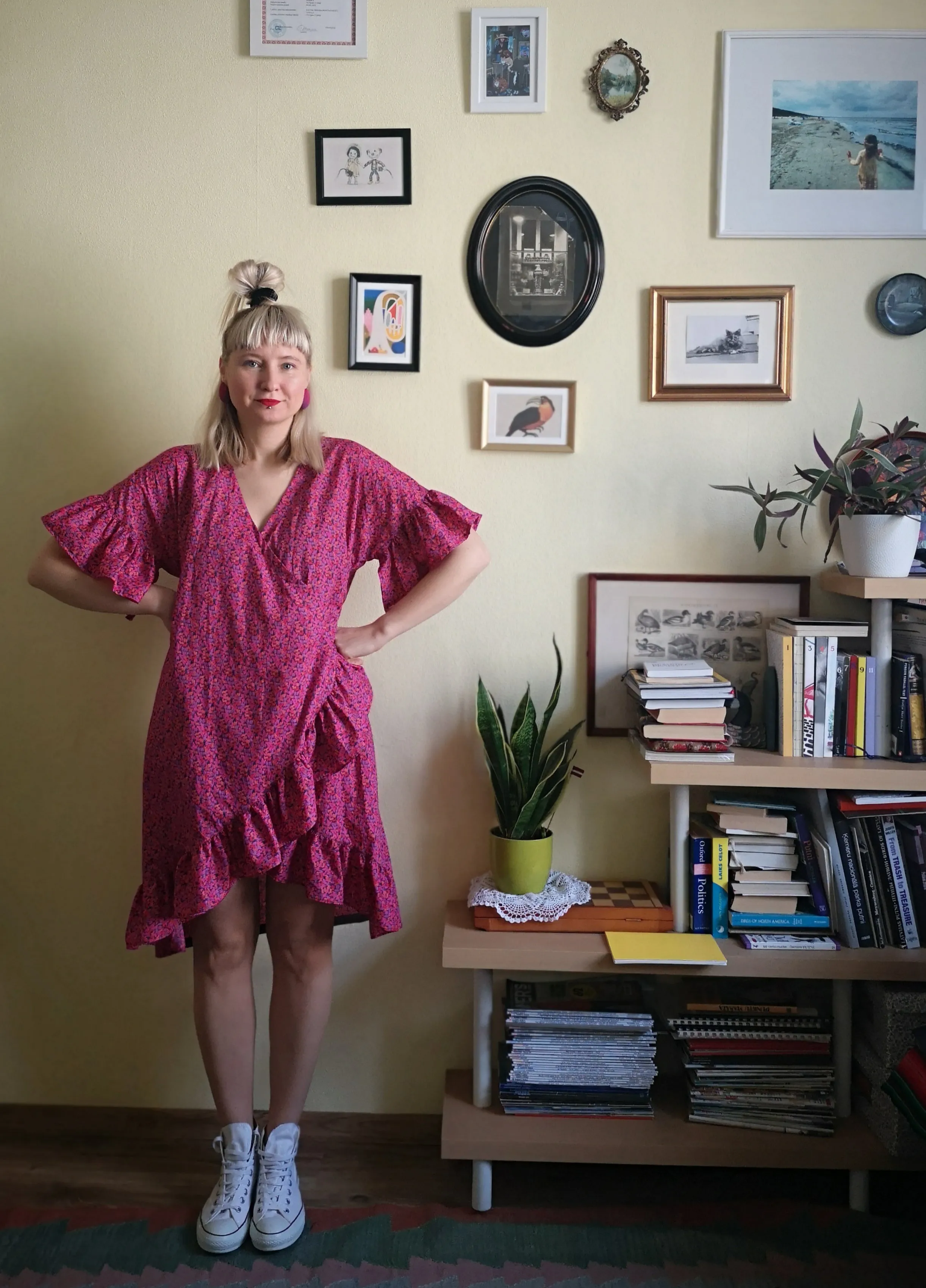 Fun and Feminine Bright Pink Patterned Cotton Wrap Dress with Ruffle and Special Ruffle Belt