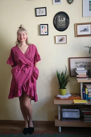 Fun and Feminine Bright Pink Patterned Cotton Wrap Dress with Ruffle and Special Ruffle Belt