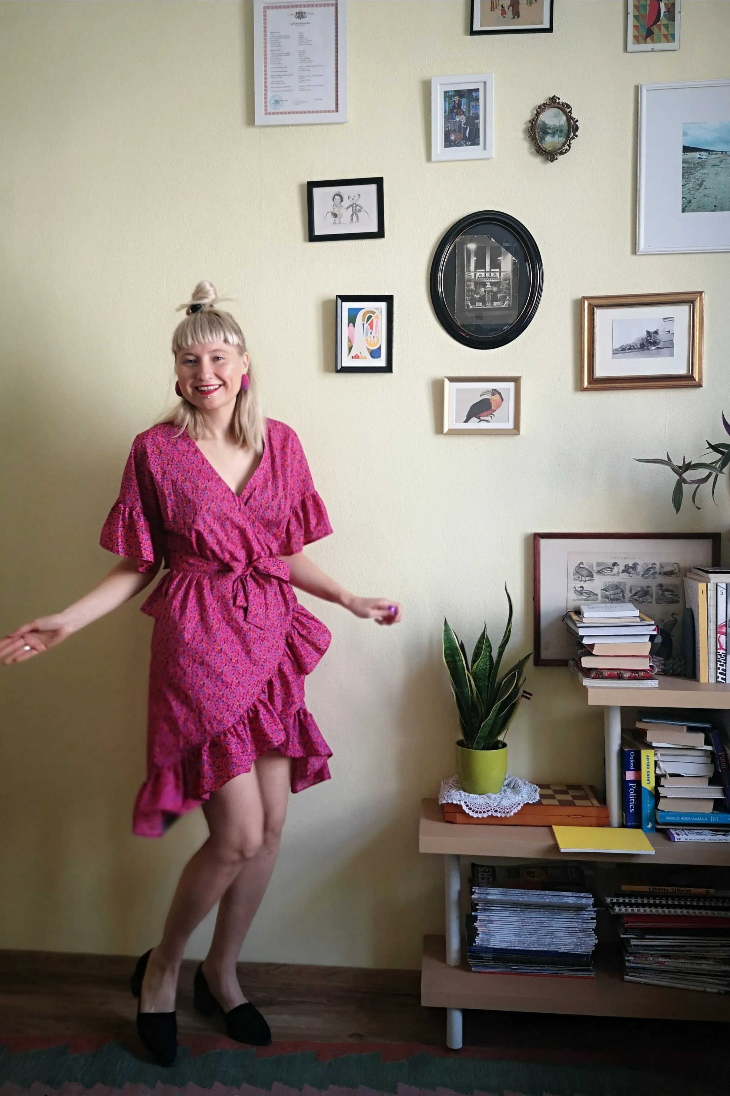 Fun and Feminine Bright Pink Patterned Cotton Wrap Dress with Ruffle and Special Ruffle Belt