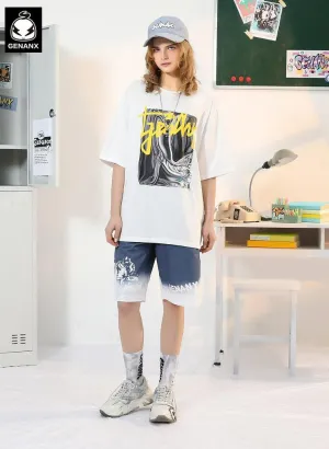 Gradient Color Block Letter Graffiti Print Loose Shorts