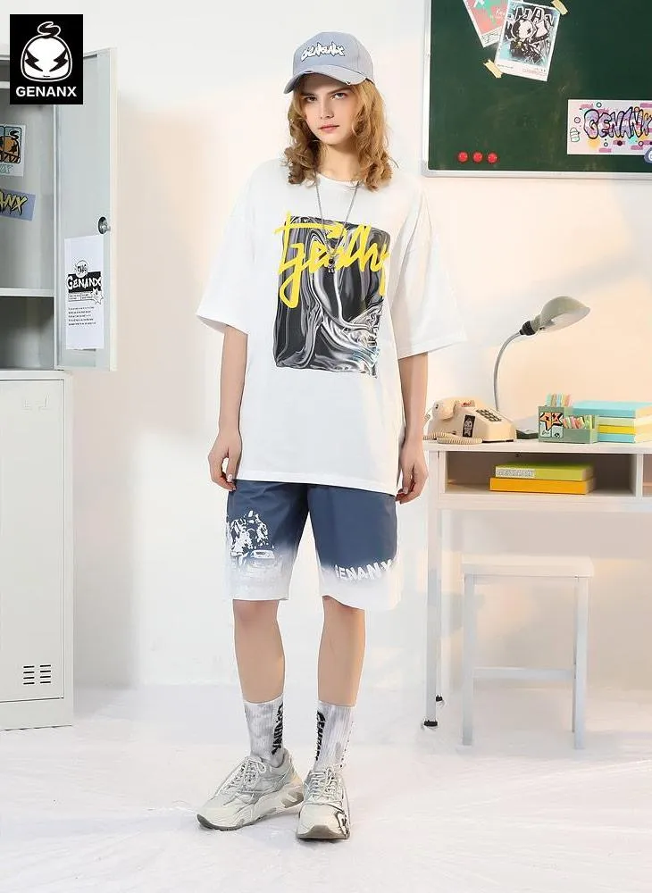 Gradient Color Block Letter Graffiti Print Loose Shorts