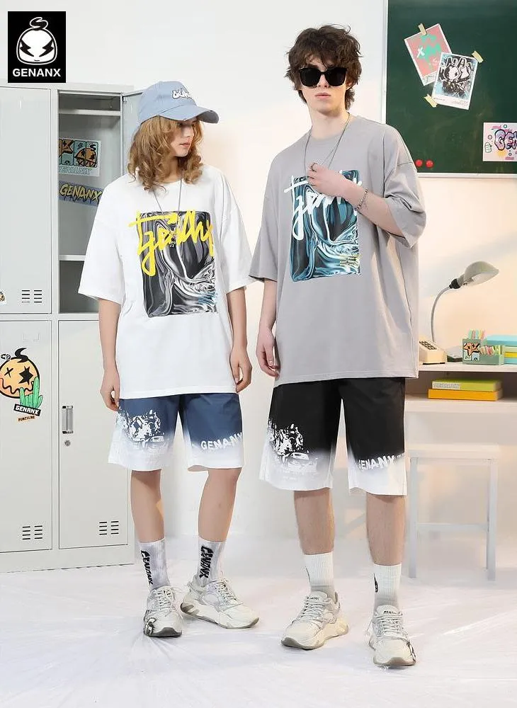 Gradient Color Block Letter Graffiti Print Loose Shorts