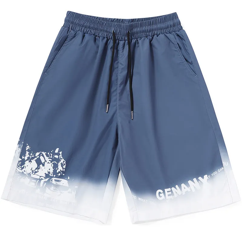 Gradient Color Block Letter Graffiti Print Loose Shorts