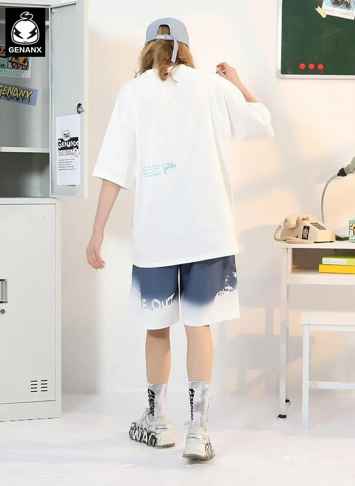 Gradient Color Block Letter Graffiti Print Loose Shorts