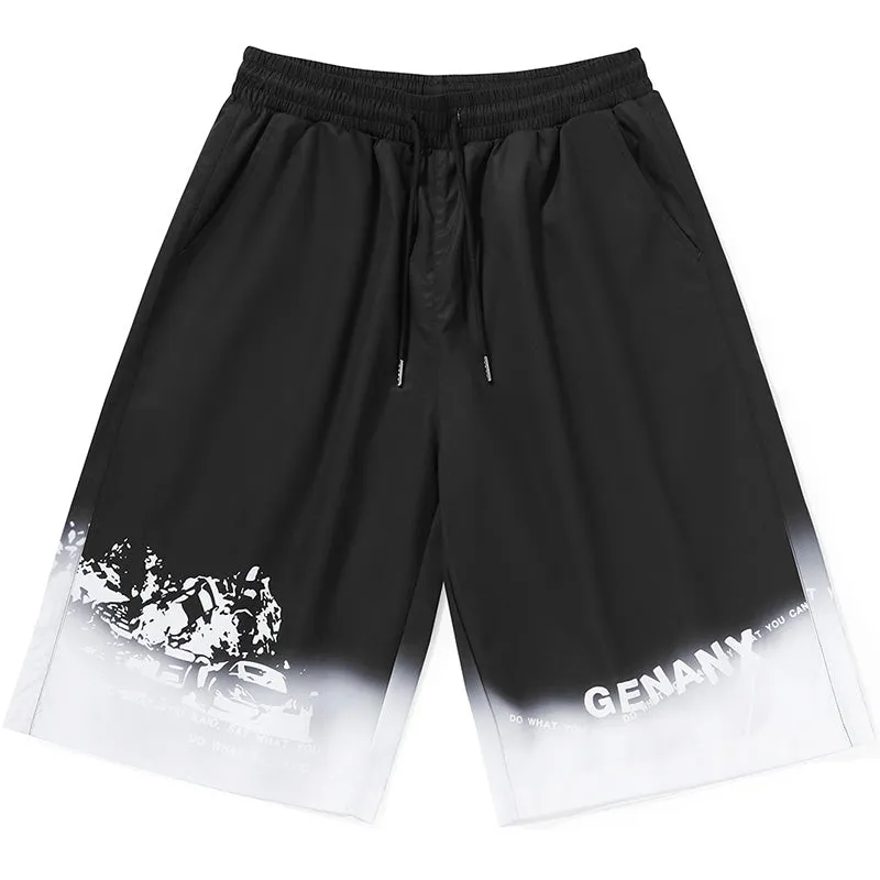 Gradient Color Block Letter Graffiti Print Loose Shorts