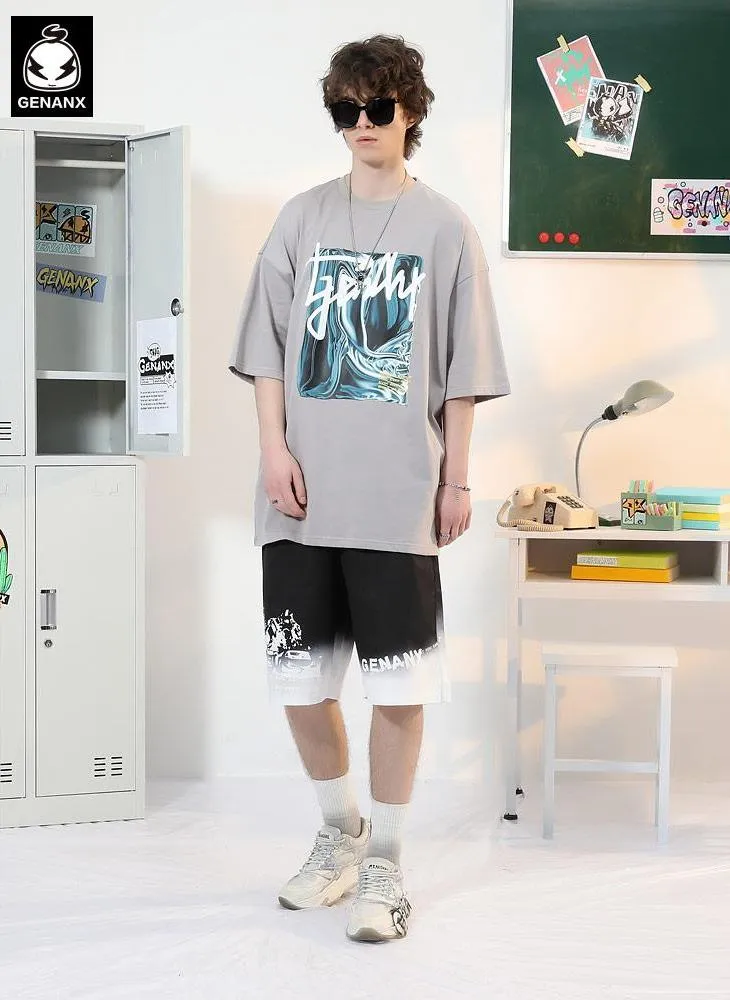 Gradient Color Block Letter Graffiti Print Loose Shorts