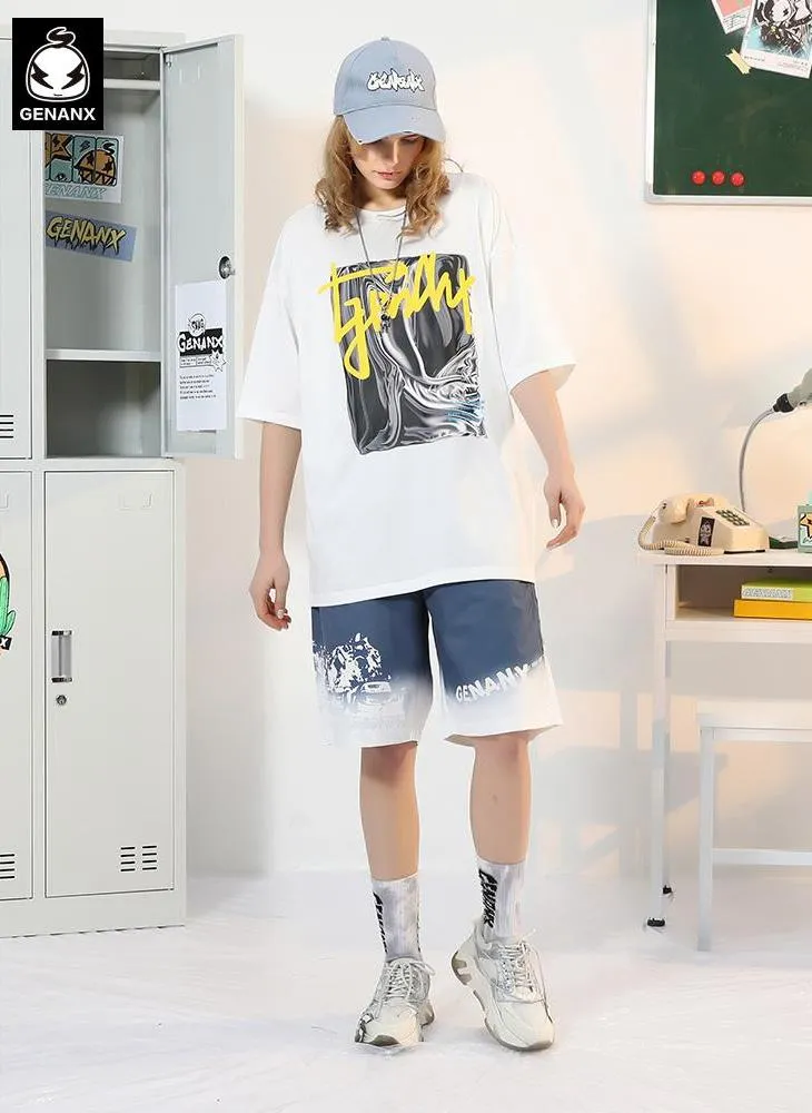 Gradient Color Block Letter Graffiti Print Loose Shorts