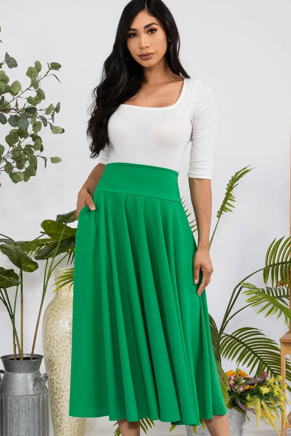 HH746R-S - SOLID MIDI SKIRT