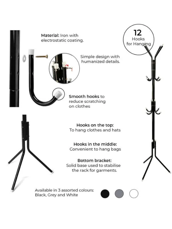 Iron Coat and Hat Rack with 12 Hooks - 170cm