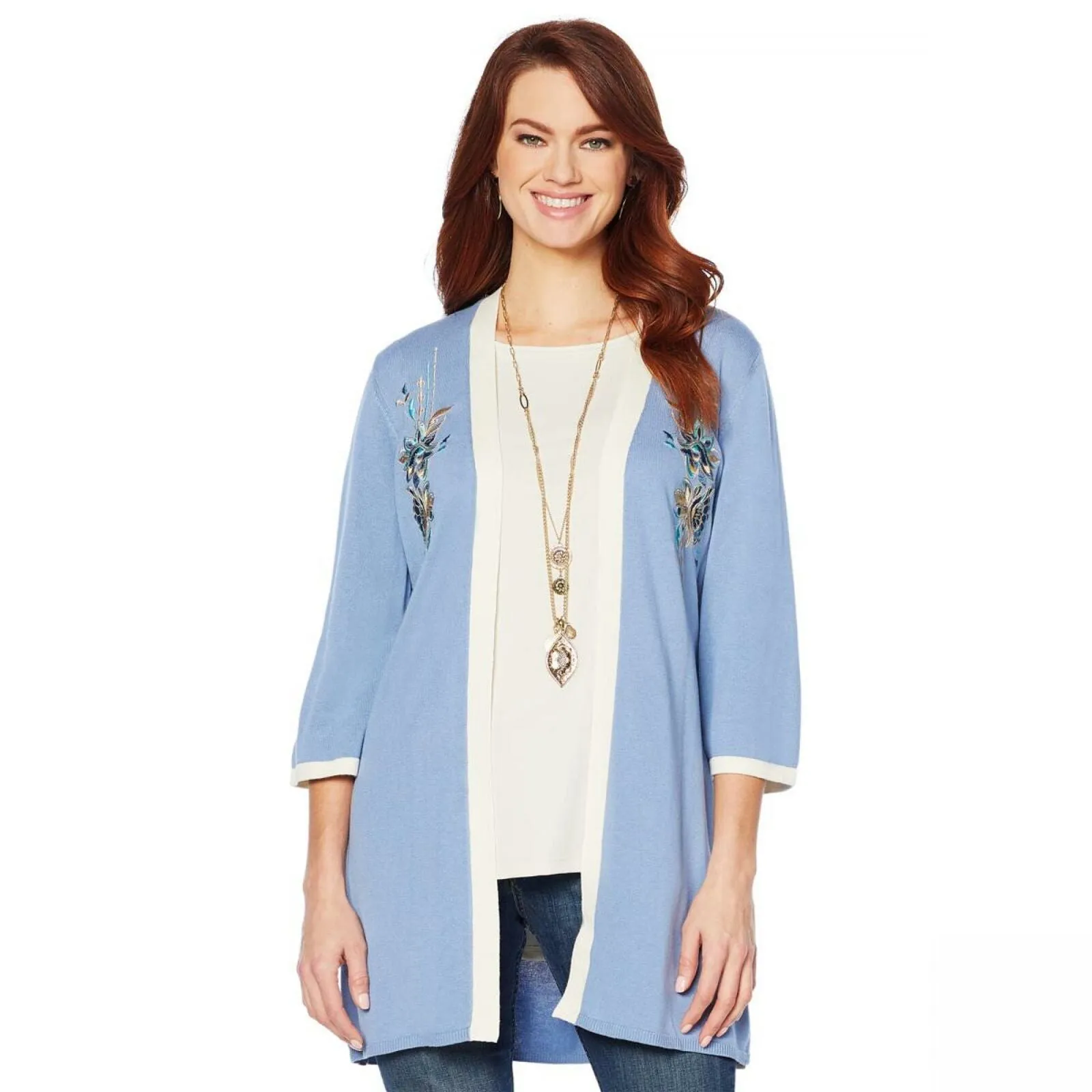 Jamie Gries Women's Embroidered Floral Kimono Cardigan Dusty Blue Large