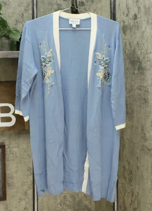 Jamie Gries Women's Embroidered Floral Kimono Cardigan Dusty Blue Large