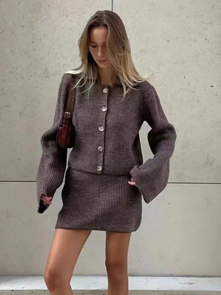 Knit buttoned sweater and skirt two piece set