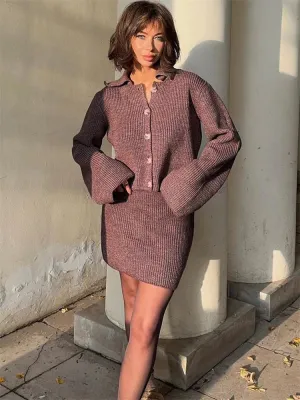 Knit buttoned sweater and skirt two piece set