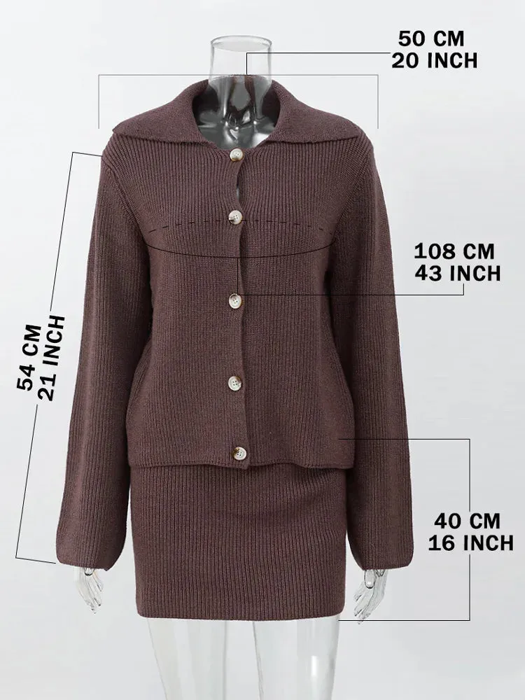 Knit buttoned sweater and skirt two piece set