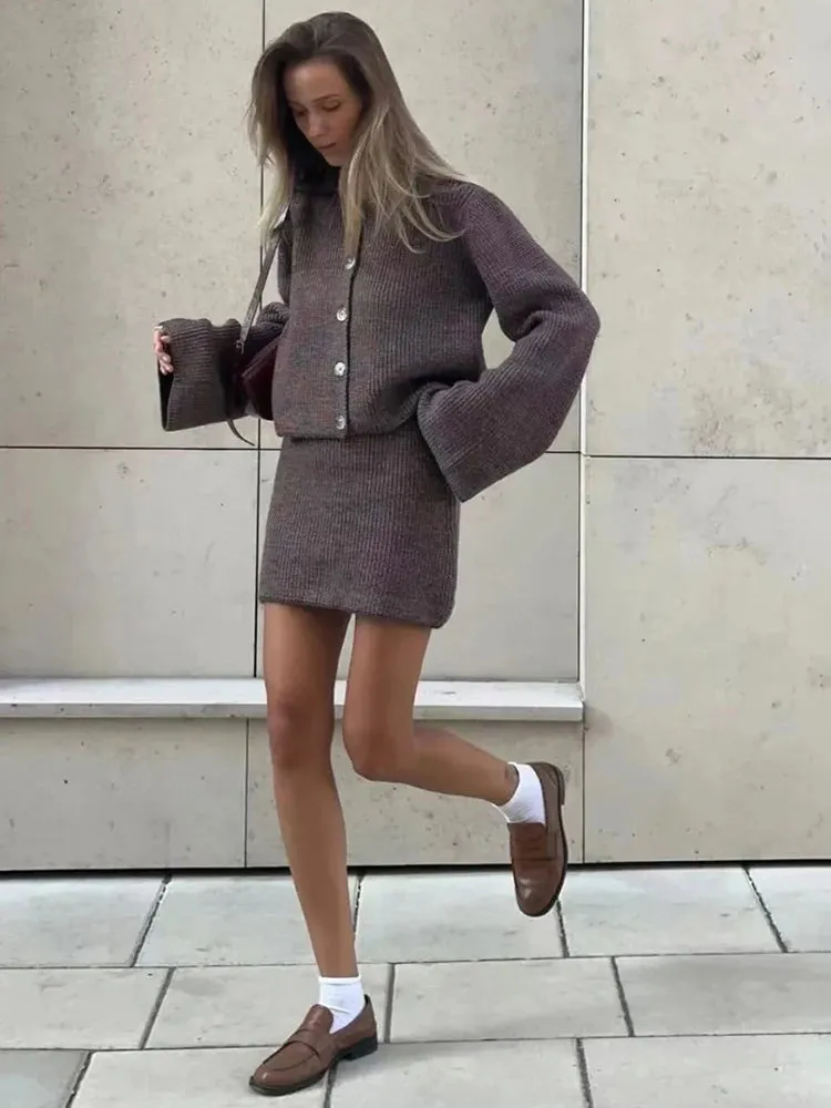 Knit buttoned sweater and skirt two piece set