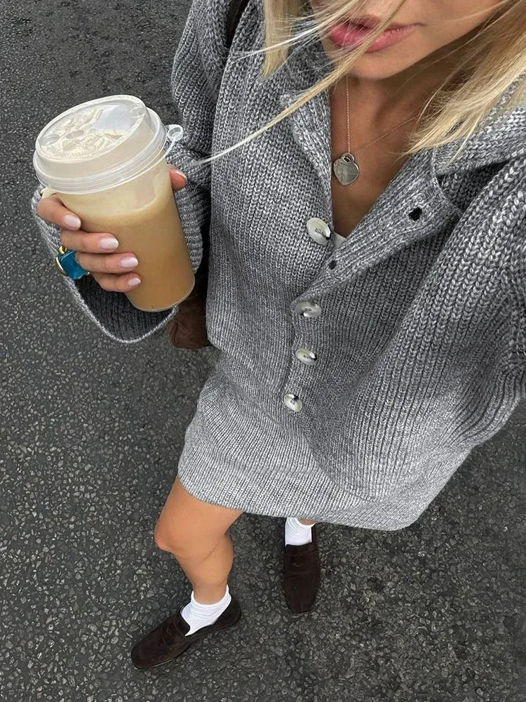 Knit buttoned sweater and skirt two piece set