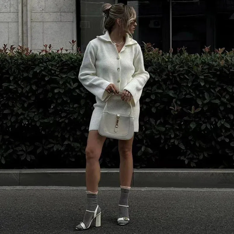 Knit buttoned sweater and skirt two piece set