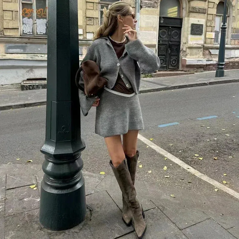 Knit buttoned sweater and skirt two piece set