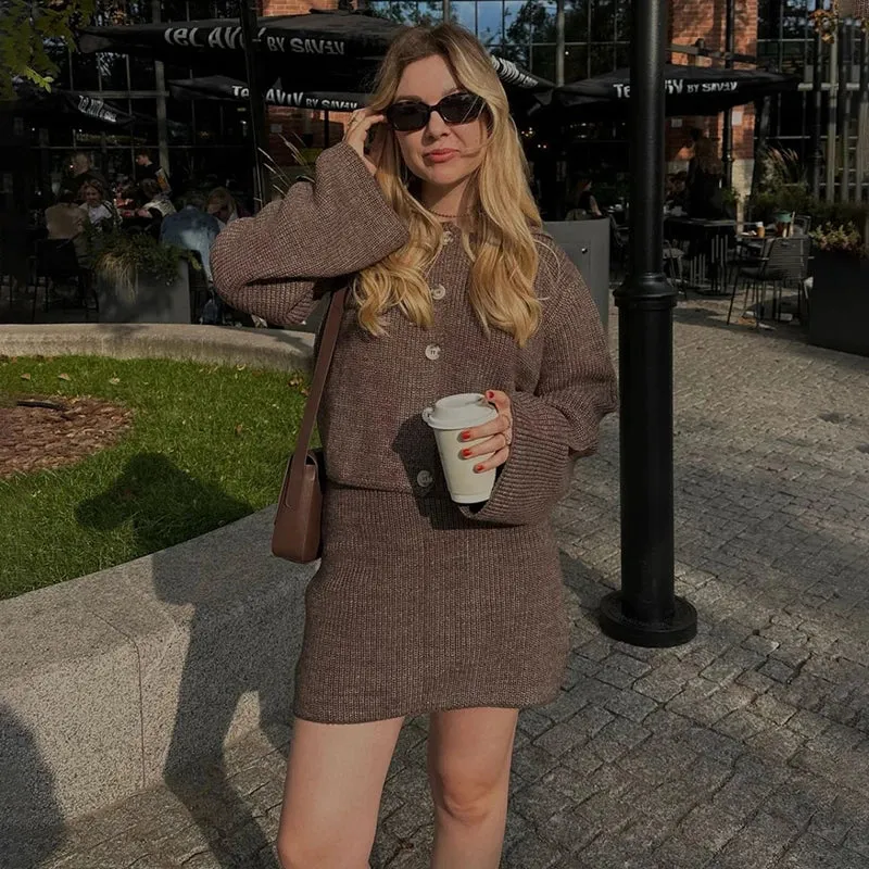 Knit buttoned sweater and skirt two piece set