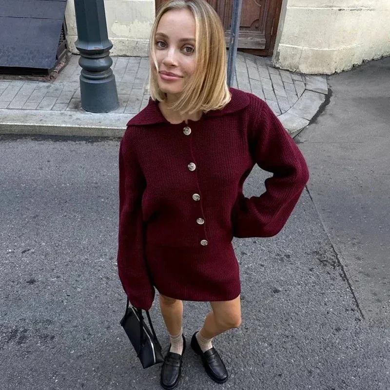 Knit buttoned sweater and skirt two piece set