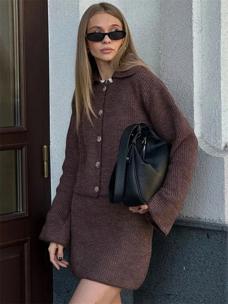 Knit buttoned sweater and skirt two piece set