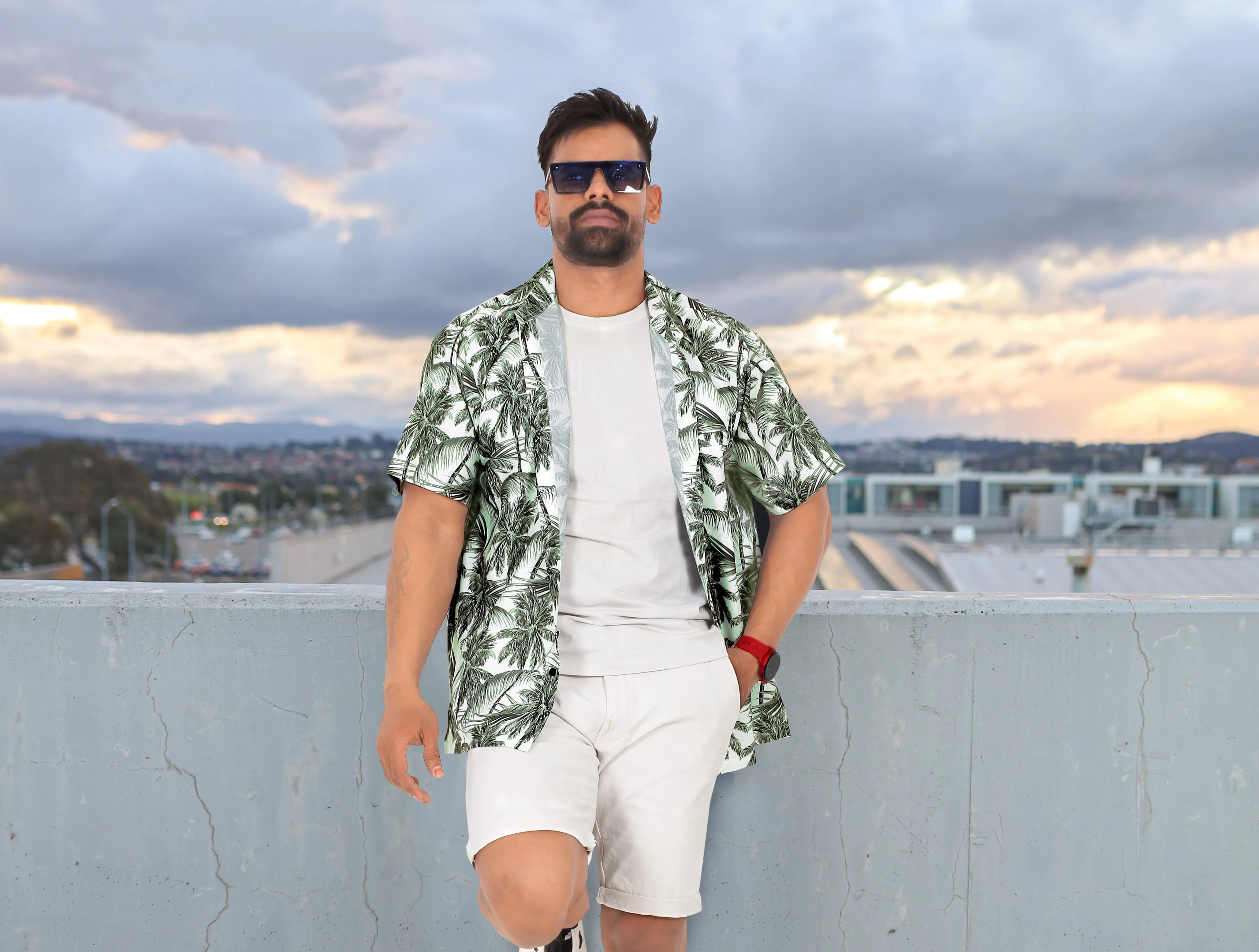 La Leela Men's Relax Tropical Coconut Tree Hawaiian Shirt White Gray