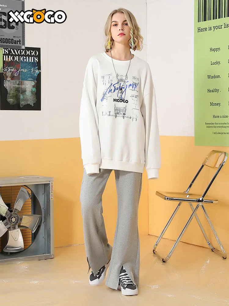 Letter-printed drawstring waistband straight cotton slit flare casual pants